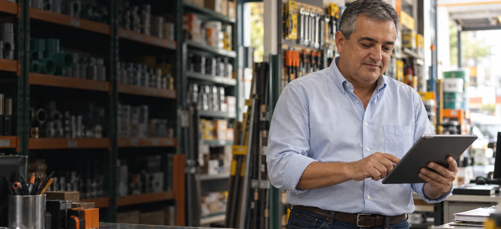 Comerciante consultando una tableta en su negocio